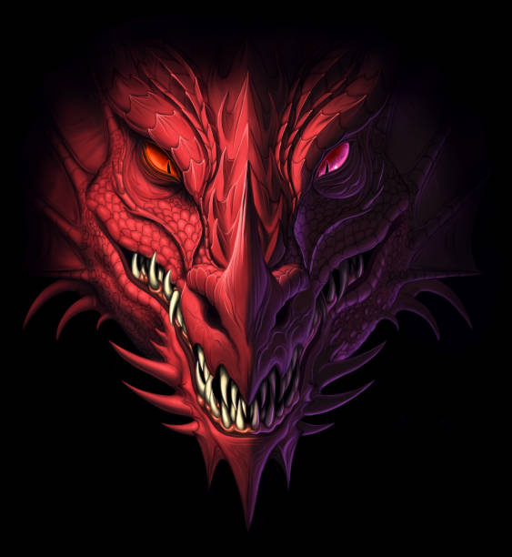 Dragon head in darkness Head of angry red dragon on the black background. Digital painting. dragon stock illustrations