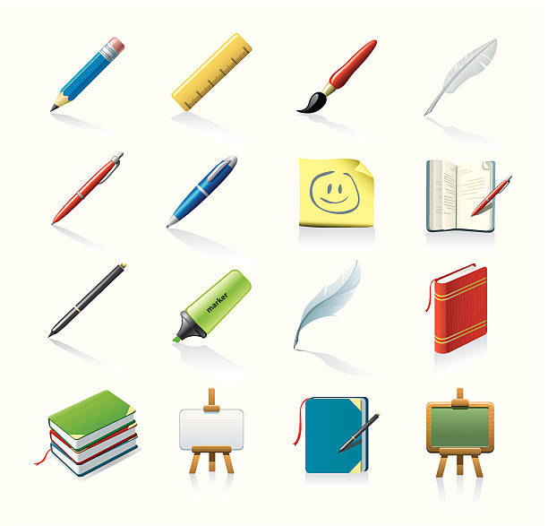 drawing and writing icons "set of 16 vector icons, including drawing and writing accessories" whiteboard marker stock illustrations