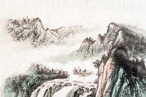 Drawing of a mountain landscape Chinese traditional painting, landscape with mountain and river. china stock illustrations