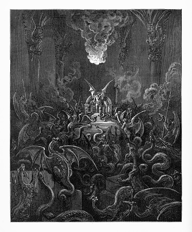 Very Rare, Beautifully Illustrated Antique Engraving of Dreadful was the din of hissing through the hall, Victorian Engraving, 1885. Source: Original edition from my own archives. Copyright has expired on this artwork. Digitally restored.