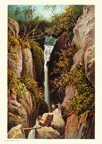 Vintage illustration of Dungeon Ghyll waterfall, Ambleside, Lake District, 19th Century