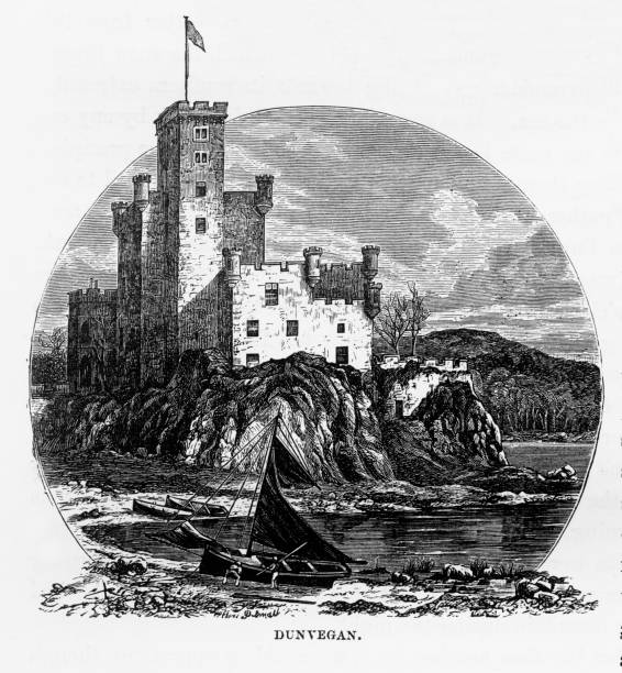 stockillustraties, clipart, cartoons en iconen met dunvegan castle, isle of skye in de hebriden, schotland victoriaanse gravure, 1840 - isle of skye