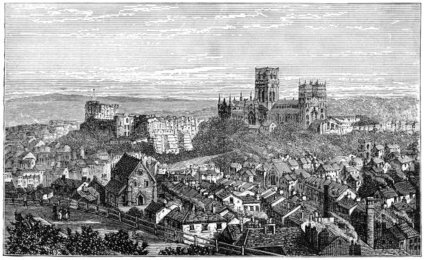 Durham Castle and Durham Cathedral in Durham, England - 19th Century High angle cityscape of Durham Castle and Durham Cathedral at the city of Durham in England, Uk. Vintage etching circa 19th century. county durham england stock illustrations