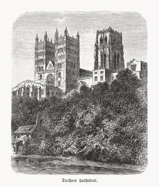 Durham Cathedral, England, wood engraving, published in 1893 Historical view of the Durham Cathedral in the city of Durham, England. Built between the 11th century and 13th century. UNESCO World Heritage Site since 1986. Wood engraving, published in 1893. Durham Cathedral stock illustrations