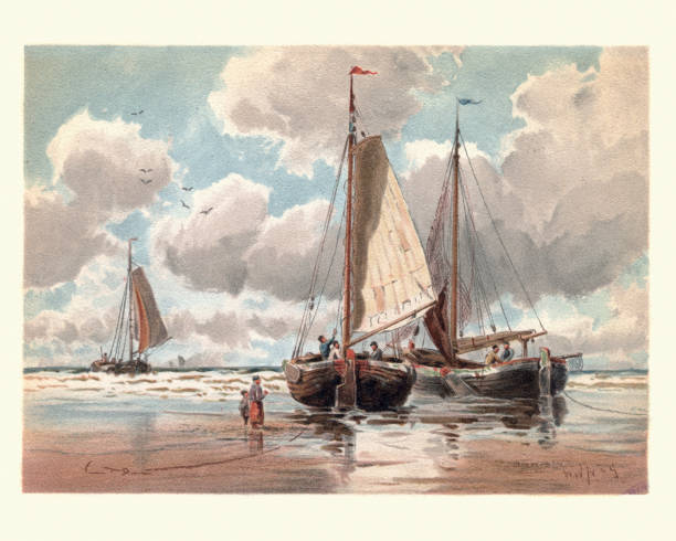 Dutch Pinks boats at Low Tide, 19th Century Vintage engraving of Dutch Pinks at Low Tide, 19th Century, by Walter William May. A Dutch barge or schuyt is a flat-bottomed boat, originally used for cargo carrying in the Netherlands, low tide stock illustrations