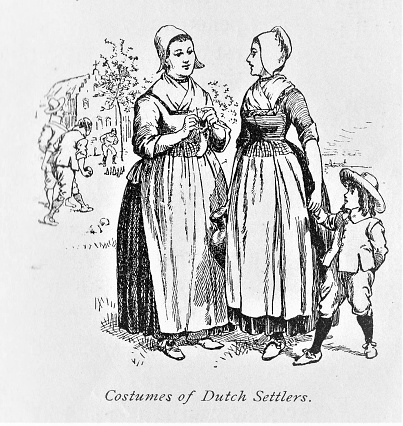 The Dutch East India Company sent colonists to settle New York in the early 1600s. Illustration published in The New Eclectic History of the United States by M. E. Thalheimer (American Book Company; New York, Cincinnati, and Chicago) in 1881 and 1890. Copyright expired; artwork is in Public Domain.