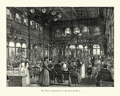 Vintage illustration of Duvel restaurant on the Quai de Billy, at the  Exposition Universelle Paris, 1889, 19th Century