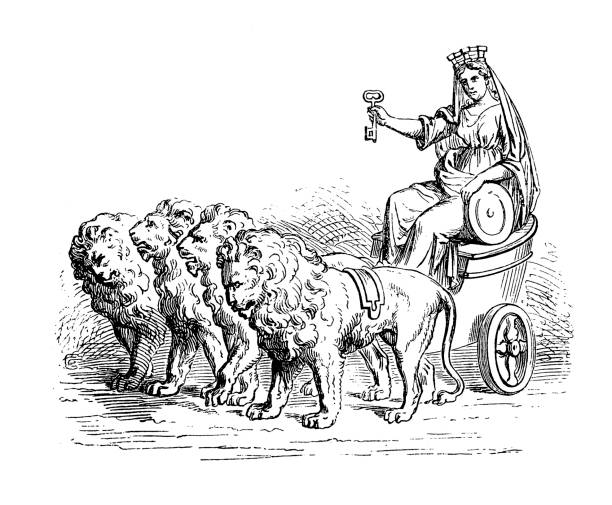 Earth-Mother (variously Ceres, Isis, Virgo, Cybele, etc.) in a chariot drawn by lions - the favoured transport of Cybele. The goddess holds up a key, which links her with the Egyptian mythology illustration of  Earth-Mother (variously Ceres, Isis, Virgo, Cybele, etc.) in a chariot drawn by lions - the favoured transport of Cybele. The goddess holds up a key, which links her with the Egyptian mythology african warrior symbols drawing stock illustrations