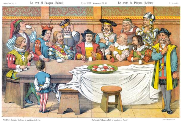 illustrazioni stock, clip art, cartoni animati e icone di tendenza di uova di pasqua, conoscendo l'artificio, cartone animato satirico settimanale del 1880 - eitan