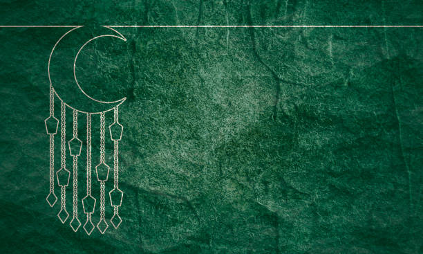 Eid Al Adha Holiday. Stone material grunge texture Eid Al Adha design with half moon and hanged lanterns. Happy Sacrifice Feast holiday. Thin line style eid al adha calligraphy stock illustrations