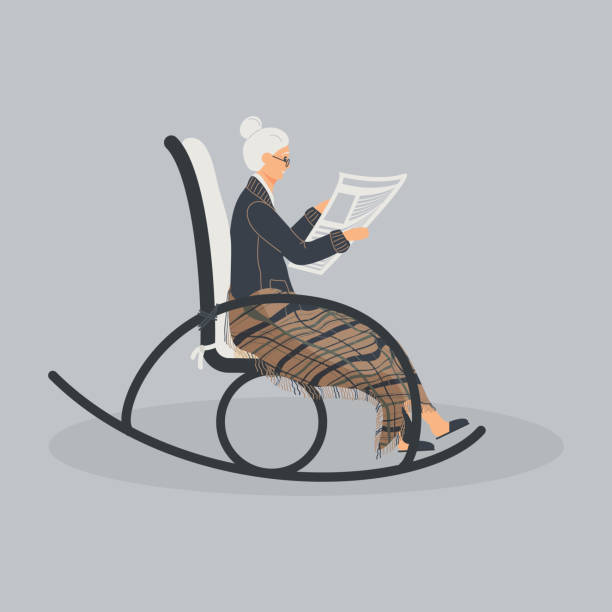 Elderly cute woman is sitting in a rocking chair Elderly cute woman is sitting in a rocking chair.Old lady covered her feet with checked woollen plaid.Cartoon granny is reading newspaper in a comfortable rocker.Raster flat cartoon illustration cartoon of a wrinkled old lady stock illustrations