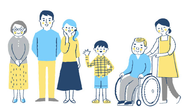 illustrations, cliparts, dessins animés et icônes de vieil homme dans un fauteuil roulant et sa famille - senior portrait fullbody