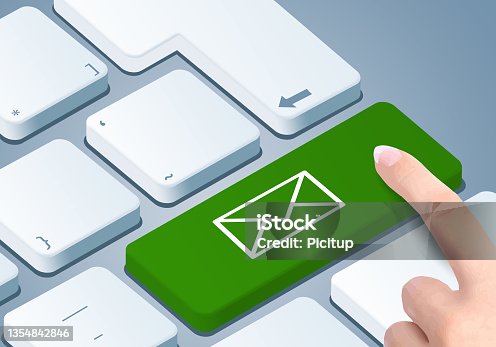 istock Email keyboard. Finger on button. 1354842846