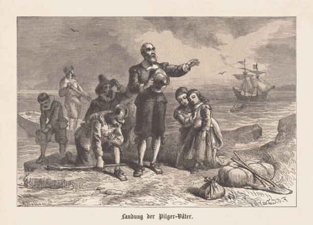 Embarkation of the Pilgrim Fathers in America, 1620, published 1876 Embarkation of the Pilgrim Fathers in America, 1620. Wood engraving after a drawing by Felix Darley (American illustrator and engraver, 1824 - 1888), engraved by Albert (Alfred) Bobbett (American engraver, 1813 - 1888), published in 1876. pilgrim stock illustrations