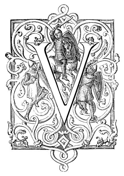 Embellished Letter "V" - Antique Engraving Antique engraving of an embellished letter "V". Also used as a "U" in antique literature. drawing of a fancy letter v stock illustrations