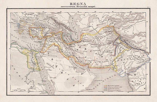 Empire of Alexander the Great, hand-coloured steel engraving,published 1861 Antique map from Empire of Alexander the Great 356 - 326 BC) after the battle of Ipsos (301 BC). Legend in Latin language. Steel engraving with hand colored borderlines, published in 1861. empire stock illustrations