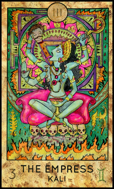 Empress. Kali Hindu Goddess. Fantasy Creatures Tarot full deck. Major arcana. Hand drawn graphic illustration, engraved colorful painting with occult symbols hindu god stock illustrations