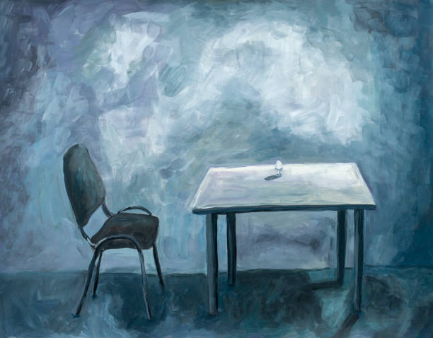 пустая комната со столом и стулом. акриловая живопись. сюрреалистическая атмосфера. голубой понедельник. - blue monday stock illustrations