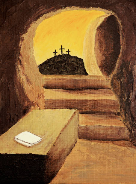 Empty tomb of Jesus with crosses and cloth vector art illustration