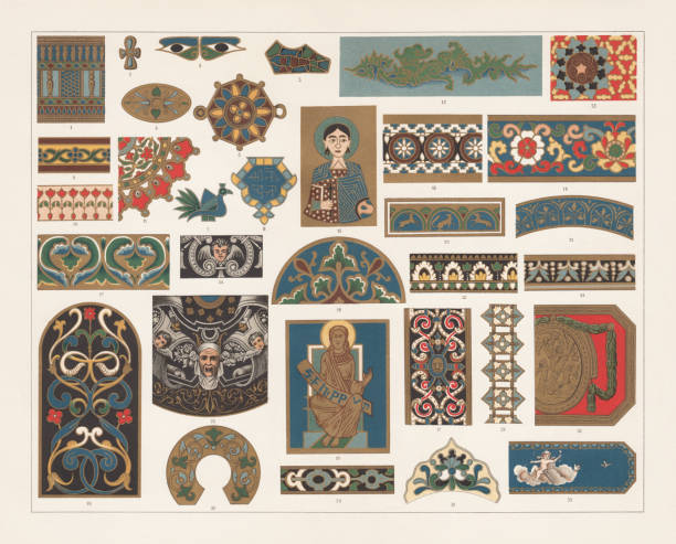 Enamel painting, lithograph, published in 1897 Enamel painting: 1 - 3) Egyptian (Roman Empire); 4) Greek (4th century BC); 5) Franconian (8th century); 6) Celtic buckle; 7 - 11) Indian; 12) Chinese, 13 - 14) Japanese; 15 - 16) Byzantine; 17 - 21) medieval (20 - from the shrine of Charlemagne in Aachen, 21 - 13th century); 22 - 23) Border of tableware (French renaissance); 24 - 25) Limoges (French, 16th century); 26 - 28) German Renaissance; 29) Necklace (French, 17th century); 30 - 31) Russian, 18th century (30 - Glory of an Icon); 32 - 33) Tin box (French, 18th century). Lithograph, published in 1897. byzantine stock illustrations