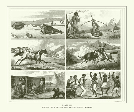 Scenes from Greenland, Brazil and Patagonia Engraving Antique Illustration, Published 1851. Source: Original edition from my own archives. Copyright has expired on this artwork. Digitally restored.
