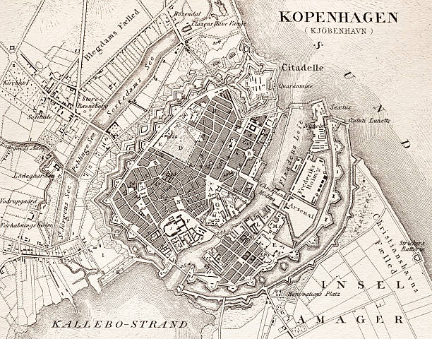 гравировка antique map of kopenhagen дании от 1851 - copenhagen stock illustrations