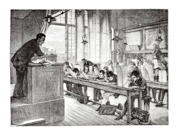 ilustrações de stock, clip art, desenhos animados e ícones de gravação de escola professor e alunos em sala de aula de 1875 - sala de aula universidade arte