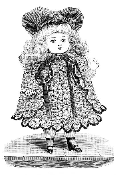 stockillustraties, clipart, cartoons en iconen met engraving of victorian doll wearing crocheted dress - barbie