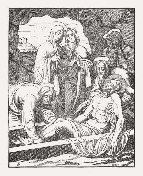 Entombment of Jesus, wood engraving, published in 1850  drawing of the good friday stock illustrations