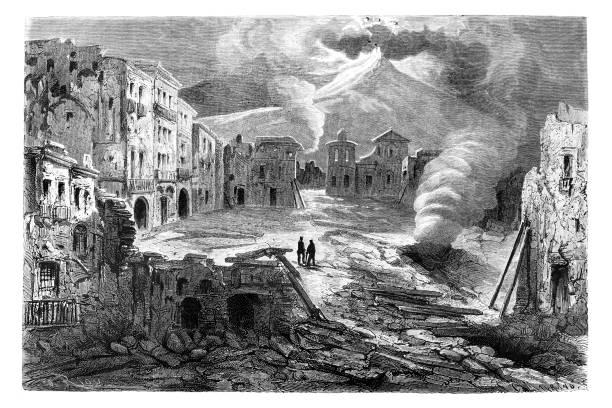 illustrazioni stock, clip art, cartoni animati e icone di tendenza di eruzione del vesuvio 1861 italia - pompei