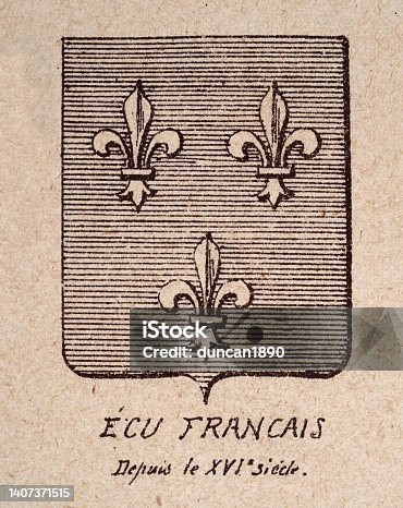 istock Escutcheon, or heraldic shield, 16th Century French coat of arms, fleur de lis on striped background 1407371515