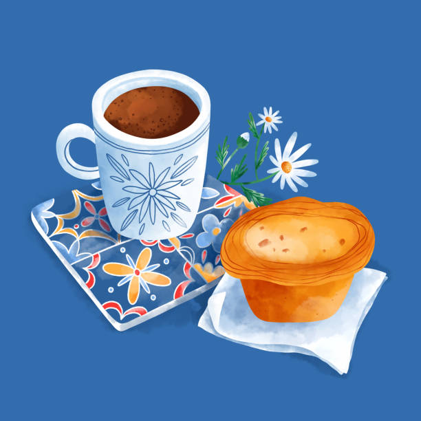 ilustrações de stock, clip art, desenhos animados e ícones de espresso and portugal pastry illustration - pastel de nata