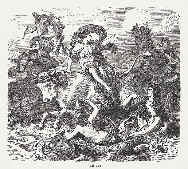 Europa on the bull, Greek mythology, wood engraving, published 1880 The abduction of Europa by Zeus in the form of a white bull. Scene from the Greek Mythology. Wood engraving, published in 1880. europa mythological character stock illustrations