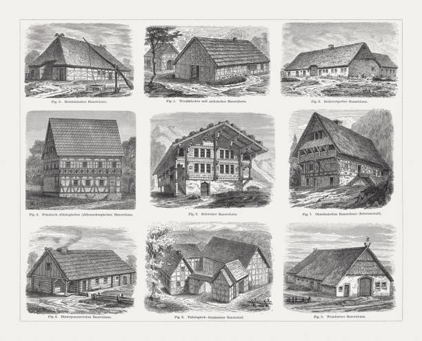 歐洲農舍 (德國和瑞士), 木版畫, 出版于1897年 - 原木小屋 插圖 幅插畫檔、美工圖案、卡通及圖標