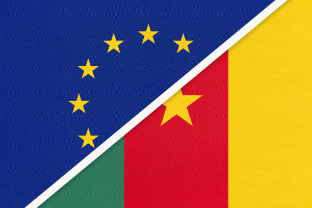 европейский союз или ес и камерун национальный флаг из текстиля. символ ассоциации совета европы. - cameroon stock illustrations