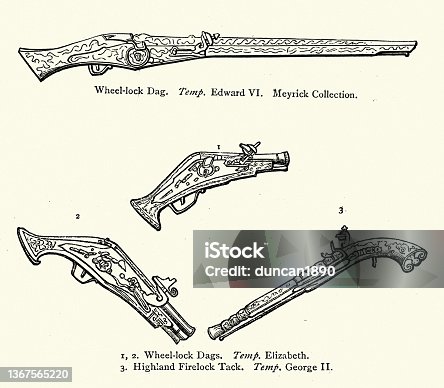 istock Examples of early firearms, Wheel lock Dags, large pistols, handguns 1367565220