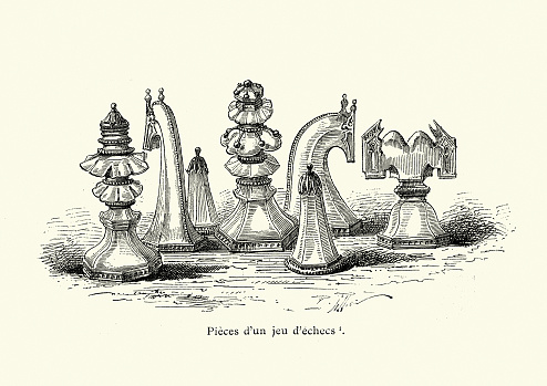 Vintage illustration of Examples of Medieval chess pieces