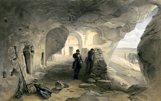раскопанная церковь в пещерах инкермана, украина - russian army stock illustrations