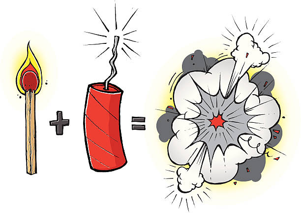 Explosive Equation "Hand drawn object equation of a match, firecracker and the subsequent results of the two. Layered vector file for easy edits and color moves. Great simple fun drawing with warmth and a natural feel." firework explosive material stock illustrations