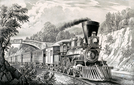 Vintage illustration shows a train passing under a bridge as it travels through the countryside with smoke rising into the sky from the chimney of the engine car.