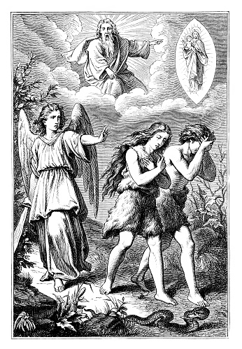 The fall of Adam and Eve. Expulsion from Garden of Eden. Vintage antique drawing. Bible, Old Testament, Genesis.