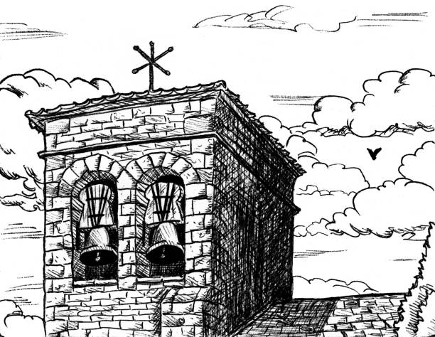 Facade and bellow tower in gothic style from an old church in Cizun Menor. A cute village on the Way of St. James, in northern Spain. Ink drawing. Facade and bellow tower in gothic style from an old church in Cizun Menor. A cute village on the Way of St. James, in northern Spain. Ink drawing. bell tower tower stock illustrations