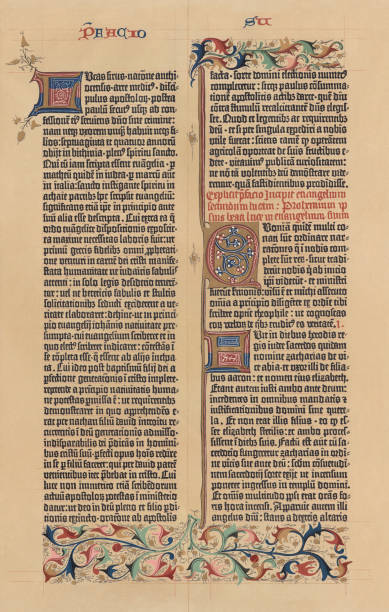 Facsimile from the 42-line Bible by Johannes Gutenberg, published 1897 Facsimile from the 42-line Bible in latin language on parchment. Printed (1452/54) by Johannes Gutenberg, Mainz, Germany. Introduction to the Gospel of Luke and beginning of the first chapter (1-11). Lithograph, published in 1897. gospel stock illustrations