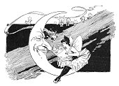 istock Fairy woman reading newspaper on Half Moon drawing art nouveau 1896 1358082905