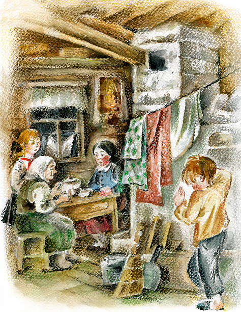 ilustrações de stock, clip art, desenhos animados e ícones de família no interior de cigana com fogão - idosos aquecedor