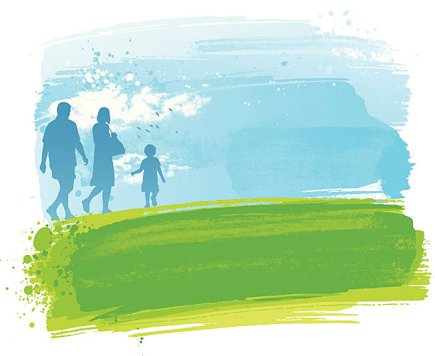 Family in the park Grunge watercolour background with a silhouetted family walking on the grass against a blue cloudy sky. family backgrounds stock illustrations