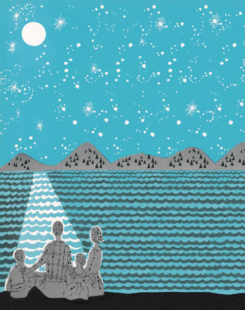Family Watching the Night Sky Family Watching the Night Sky full moon illustrations stock illustrations