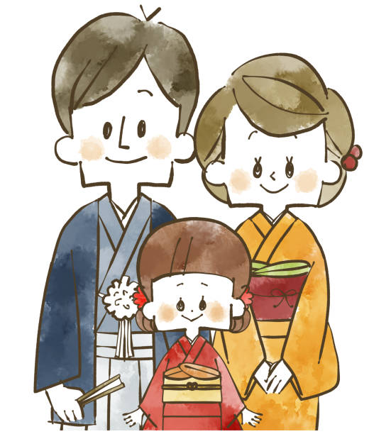 日本の着物を着た家族 - 初詣点のイラスト素材／クリップアート素材／マンガ素材／アイコン素材