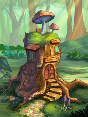 tiny house built in a tree stump by some woodland creature. Digital illustration.