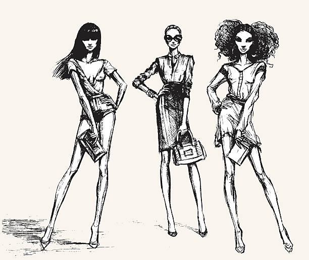 Fashion vector illustration. 3 female models. This work - the trace of my original pencil sketch. Artist Tatarnikova Irina. fashion design sketches stock illustrations
